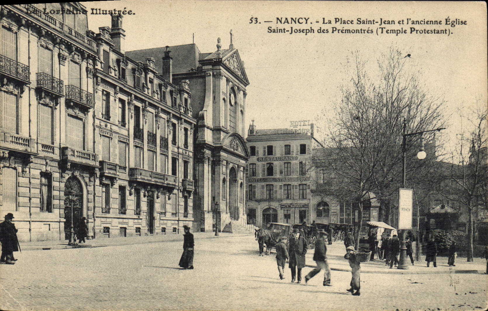 Prostestante Nancy de la religión de la POSTAL de la VENDIMIA el St Jean y la iglesia vieja José del lugar Saint del templo del Protestant de Premontres
