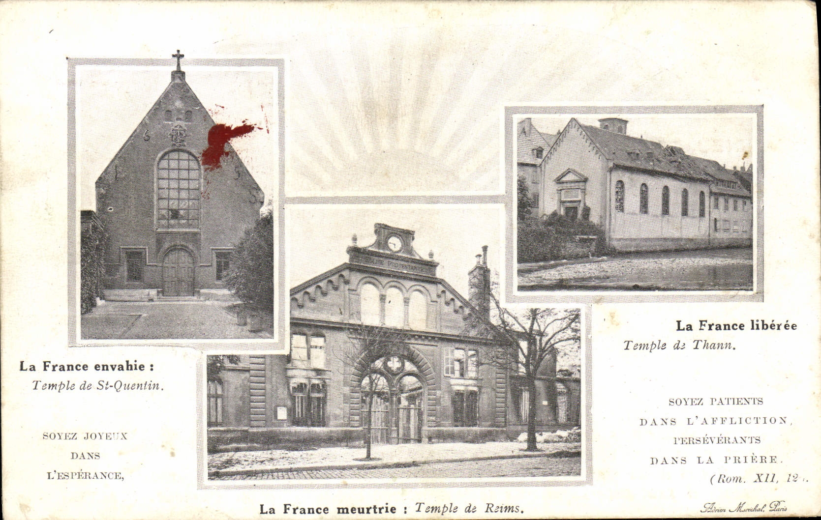 Templo del prostestante de la religión de la POSTAL de la VENDIMIA del templo del Protestant del St Quentin Thann de Reims