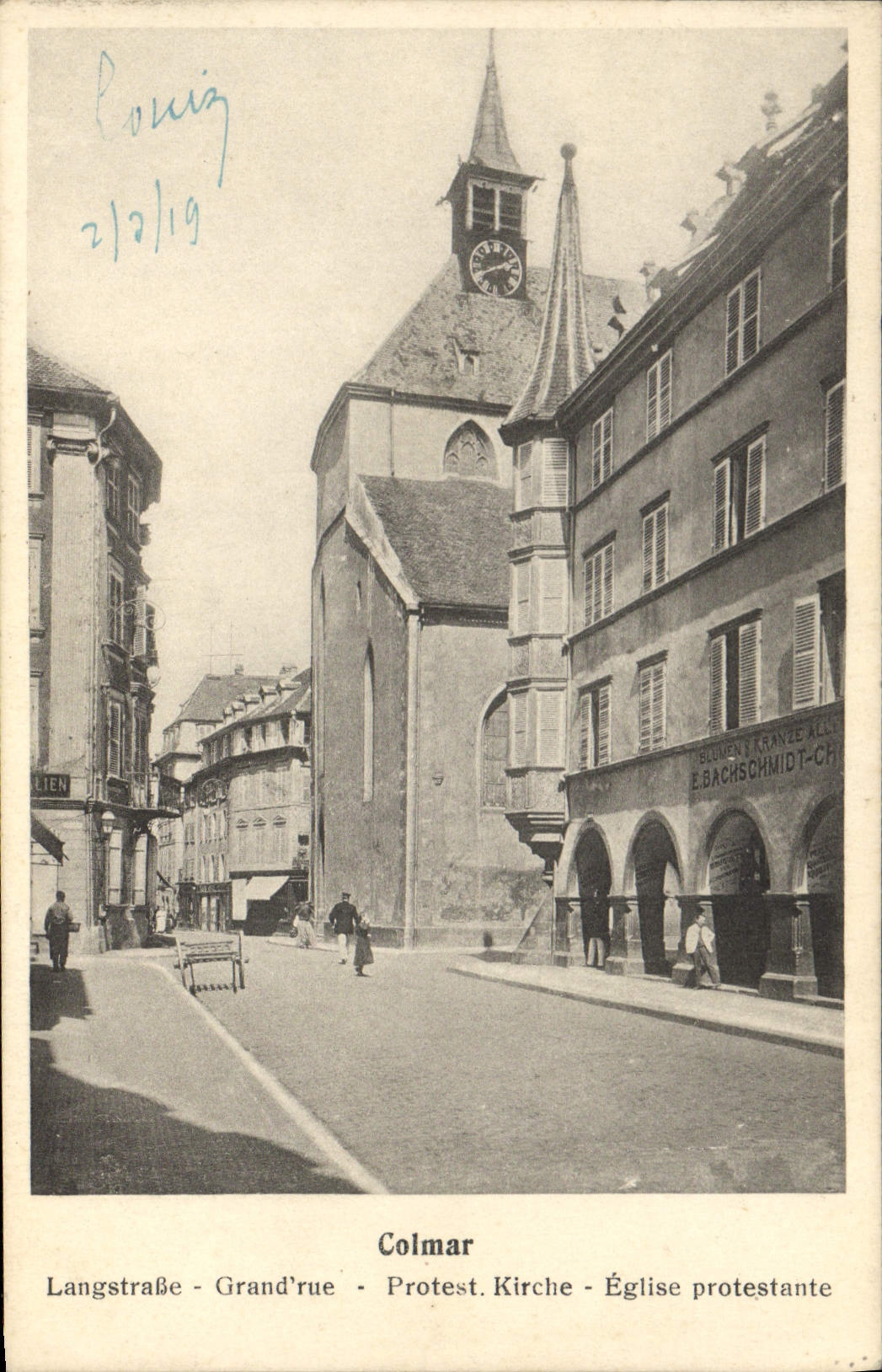 VINTAGE POSTCARD Religion prostestante Main street Langstrasse Colmar Protestant Church
