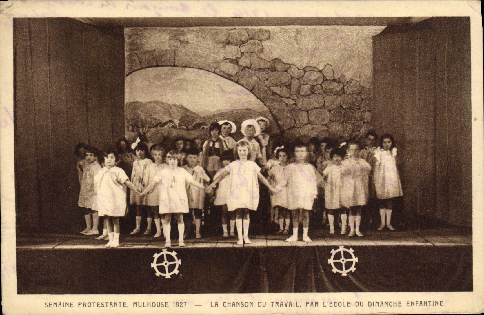Semana protestante Mulhouse 1927 del prostestante de la religión de la POSTAL de la VENDIMIA la canción del trabajo por la escuela infantil de domingo