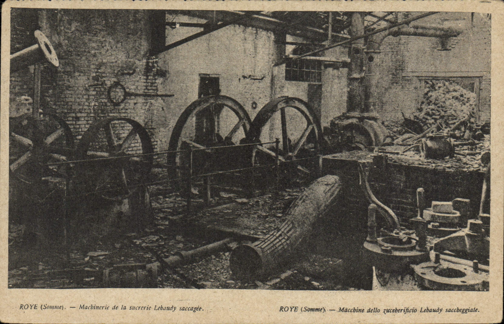 VINTAGE POSTCARD Roye Machinery of the Sugar refinery Lebaudy saccagee