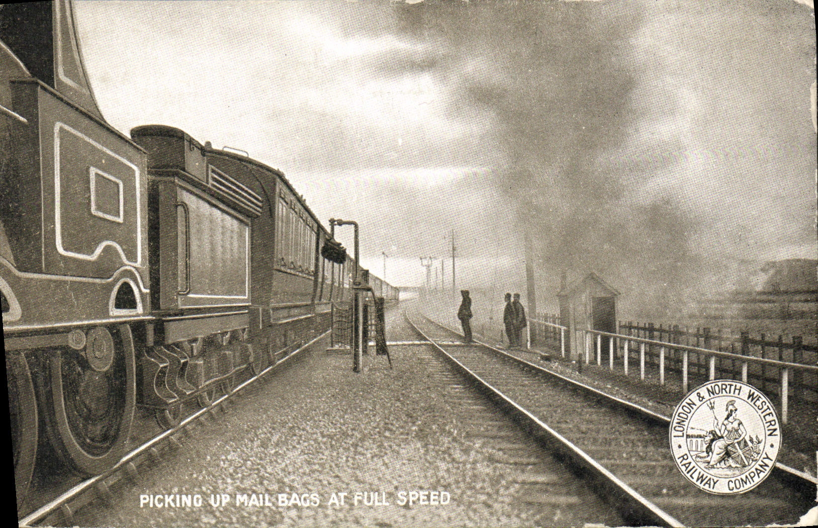 VINTAGE POSTCARD Train Engine Picking up email bags At full speed London & North Railway Company
