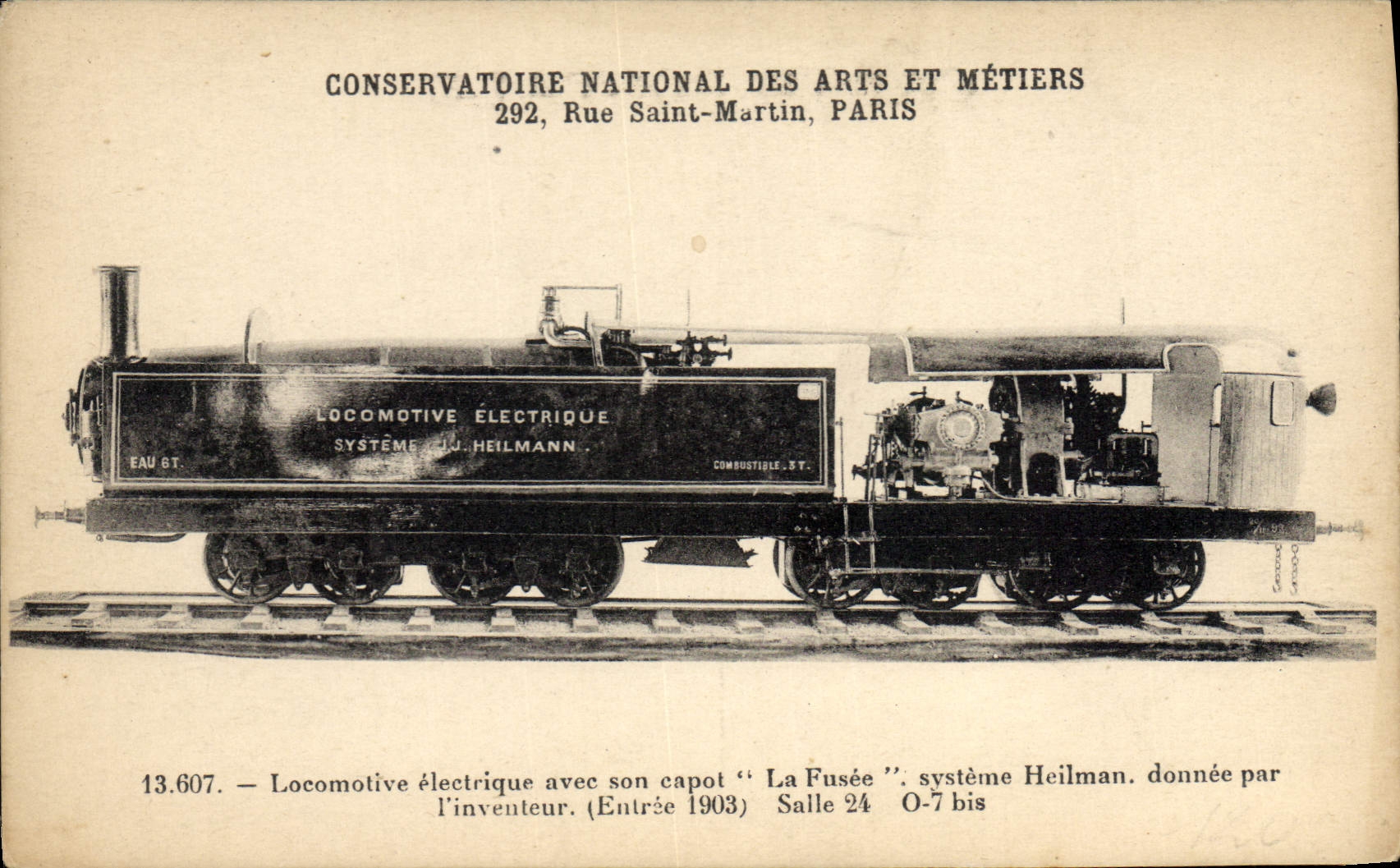 VINTAGE POSTCARD Conservatory Train Engine National of Arts and Trades Street Saint Martin Paris Engine electric the rocket