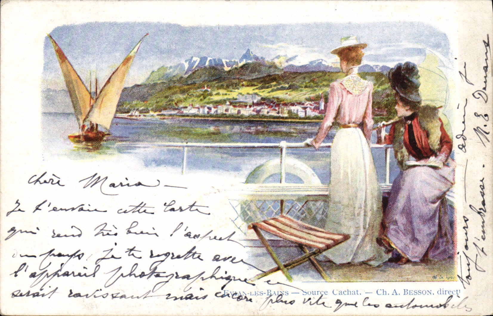 VINTAGE POSTCARD Evian Boat les Bains Cachat Source