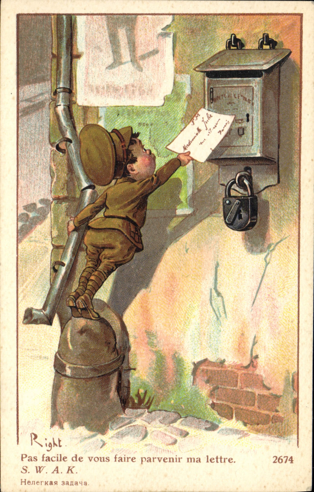 VINTAGE POSTCARD Fantasy Illustrator Child Soldier Letter-box