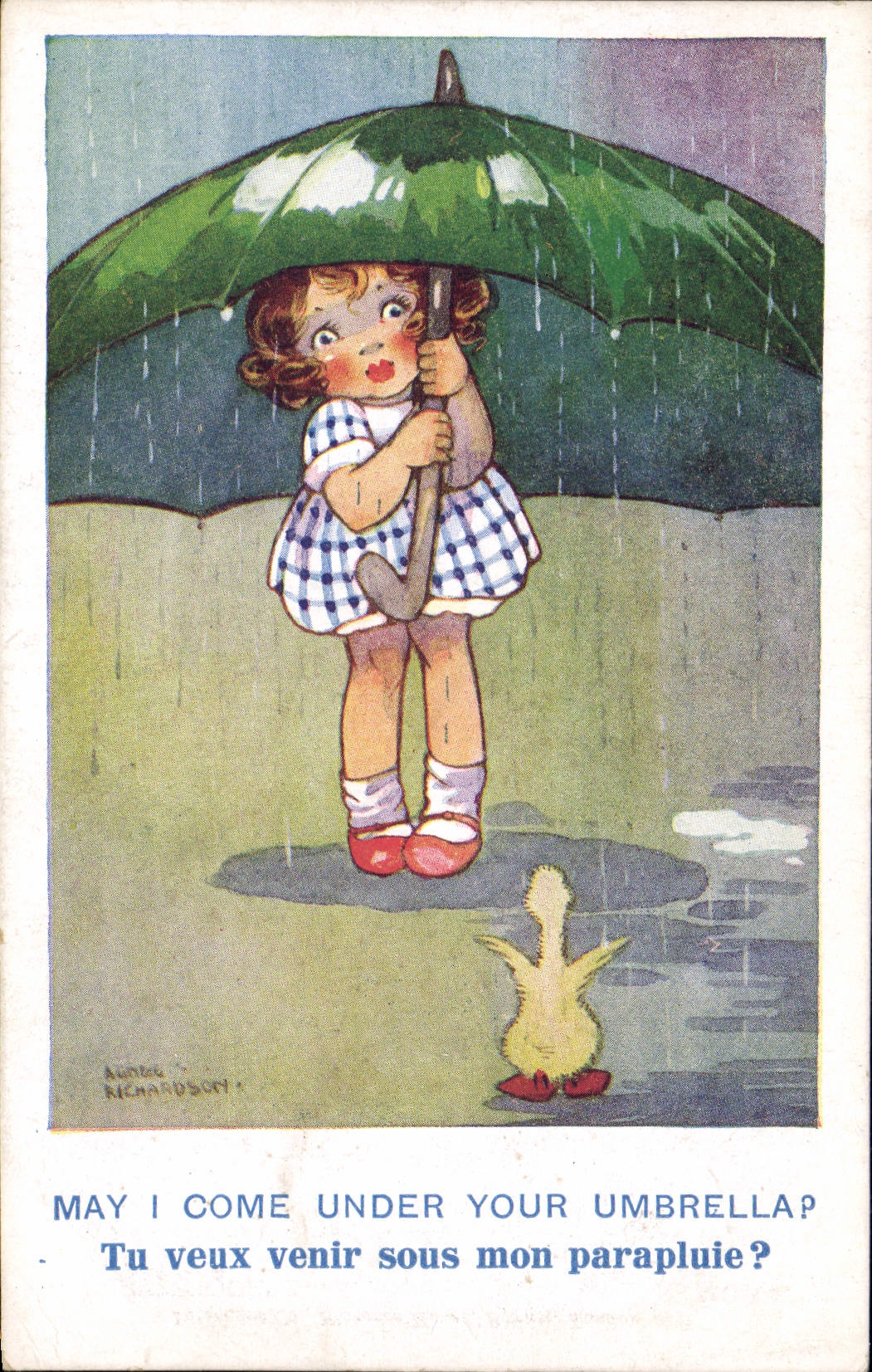 CPA Fantaisie Illustrateur Enfant Parapluie Canard 