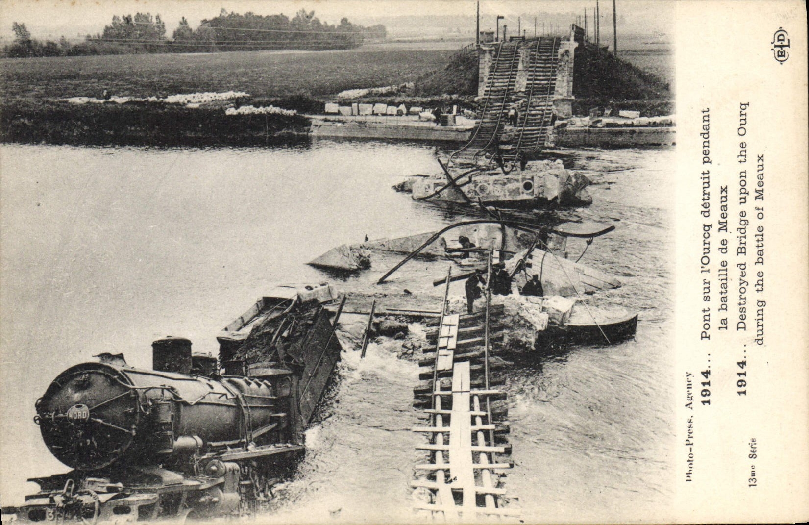 VINTAGE POSTCARD Militaria Pont on Ourcq destroys during the battle of Meaux Train