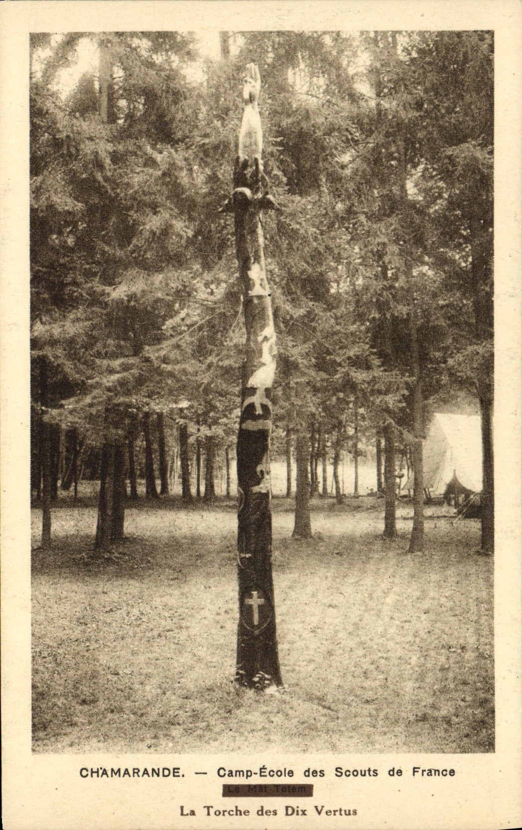 Escuela de campo de exploración de Chamarande del Jamboree del explorador de la POSTAL de la VENDIMIA de los exploradores de Francia la antorcha de las diez virtudes