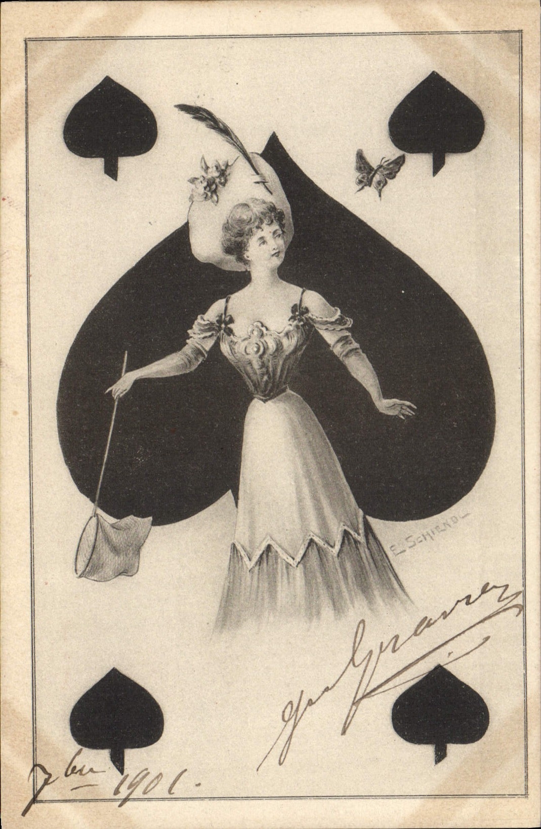 VINTAGE POSTCARD Fantasy Illustrator Woman Chart of spade