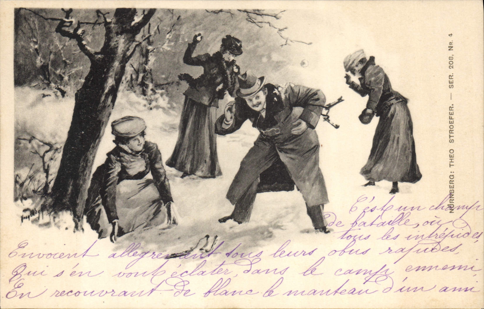 VINTAGE POSTCARD Fantaisie Illustrator Battles of snowballs
