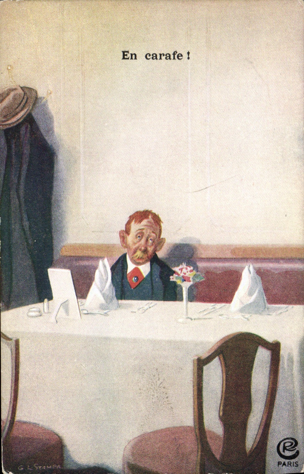 VINTAGE POSTCARD Fantasy Illustrator Man Out of carafe