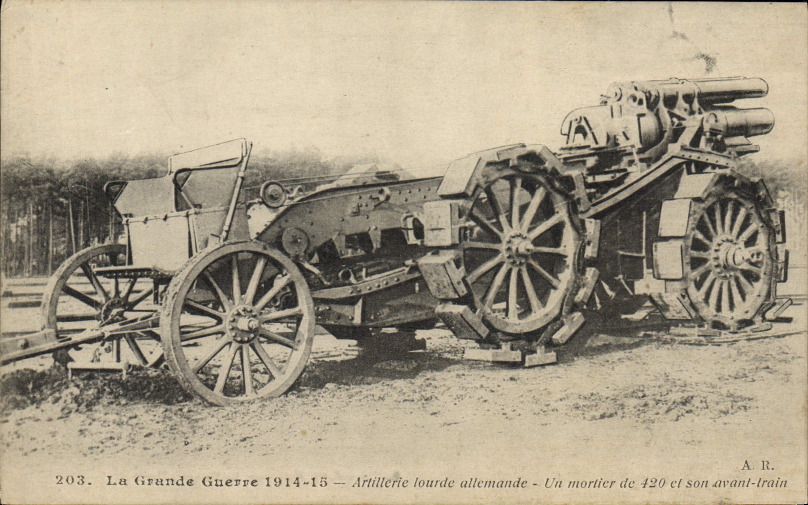 Artillería pesada alemana de Militaria de la POSTAL de la VENDIMIA un mortero de 420 y su antes de tren