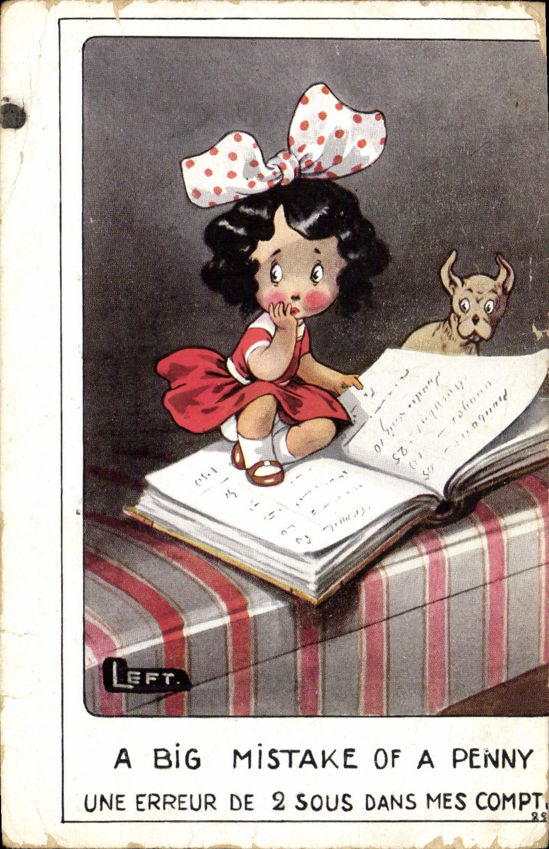 VINTAGE POSTCARD Fantaisie Illustrator Child Dog has big mistake off has penny