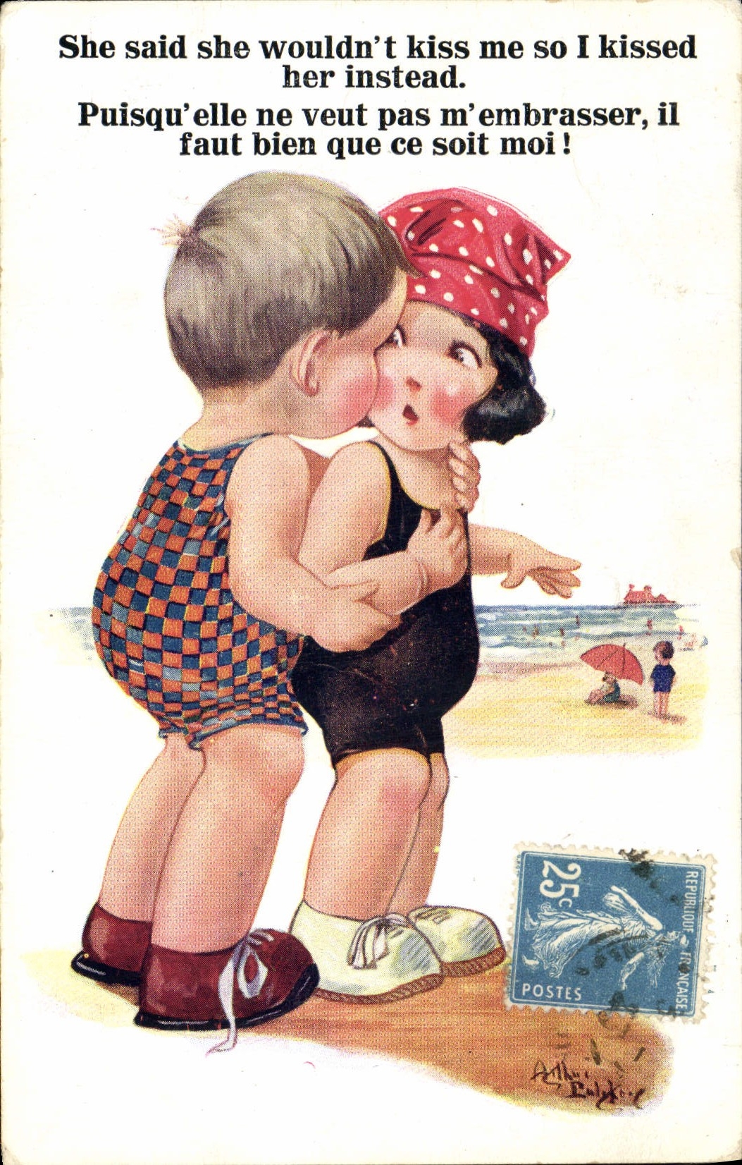 VINTAGE POSTCARD Fantasy Illustrator Children Bathing suit