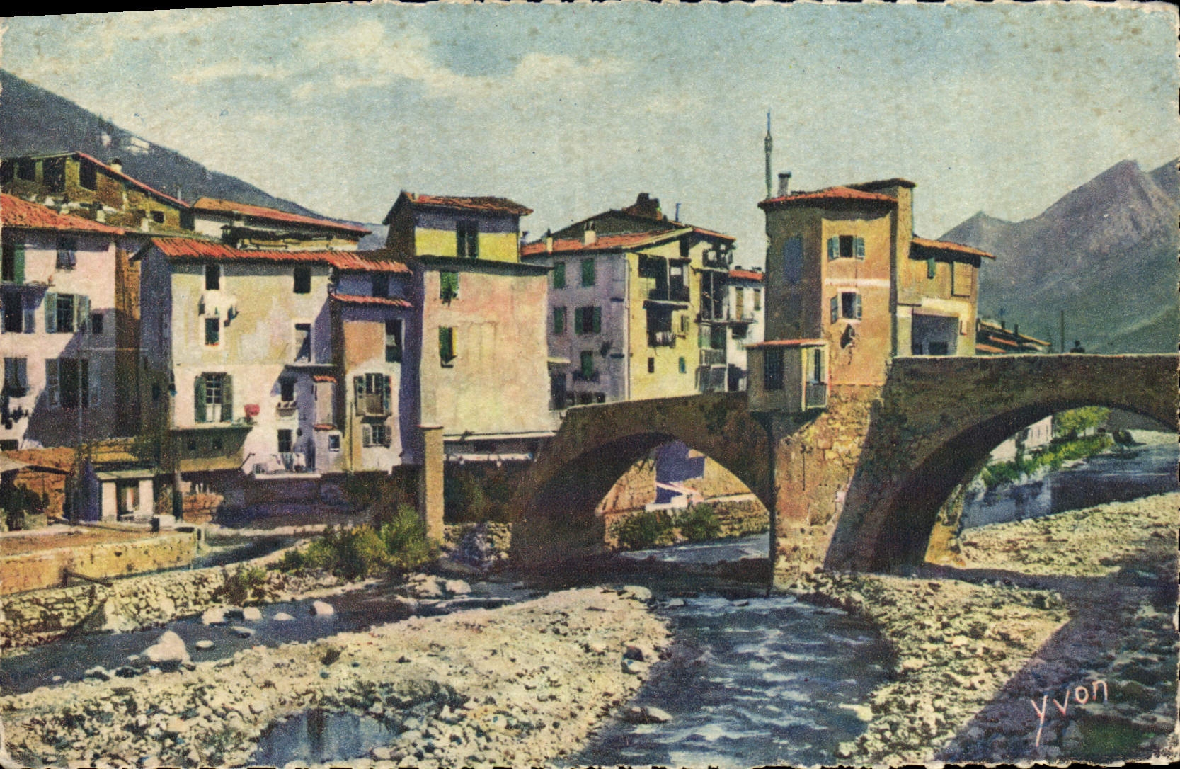 VINTAGE POSTCARD Sospel Old women Houses on Bevera