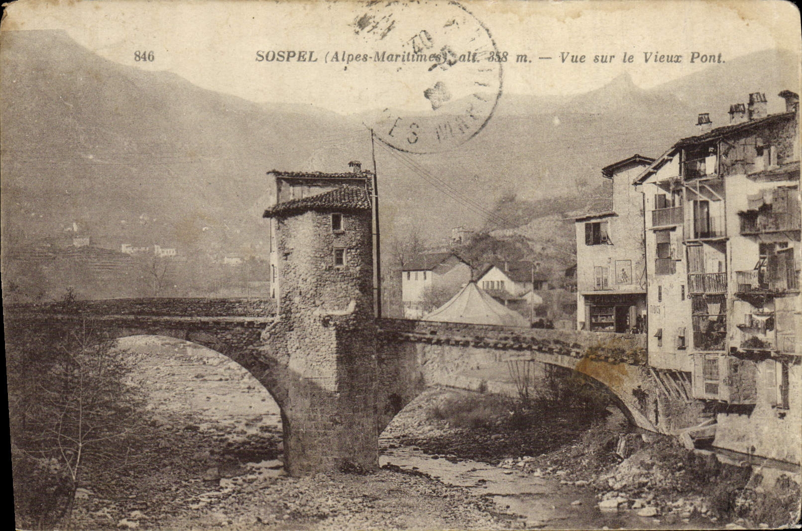 VINTAGE POSTCARD Sospel Seen on the Old Bridge