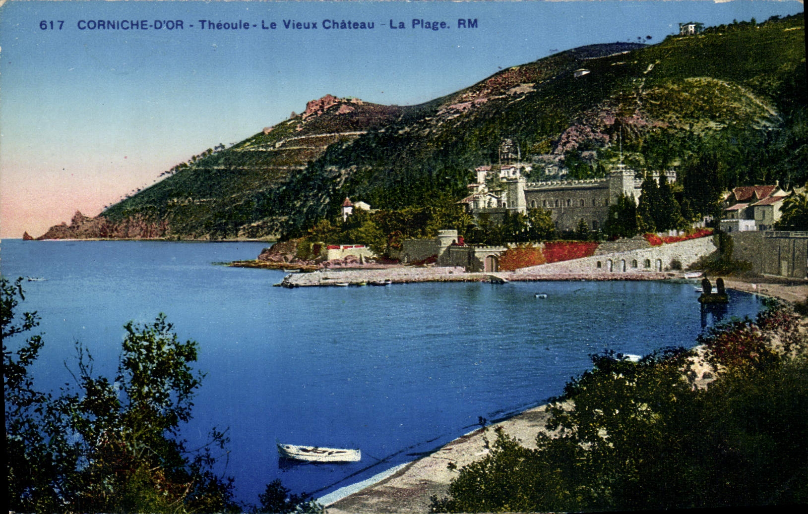 Cornisa de Theoule del oro de la POSTAL de la VENDIMIA el castillo viejo la playa