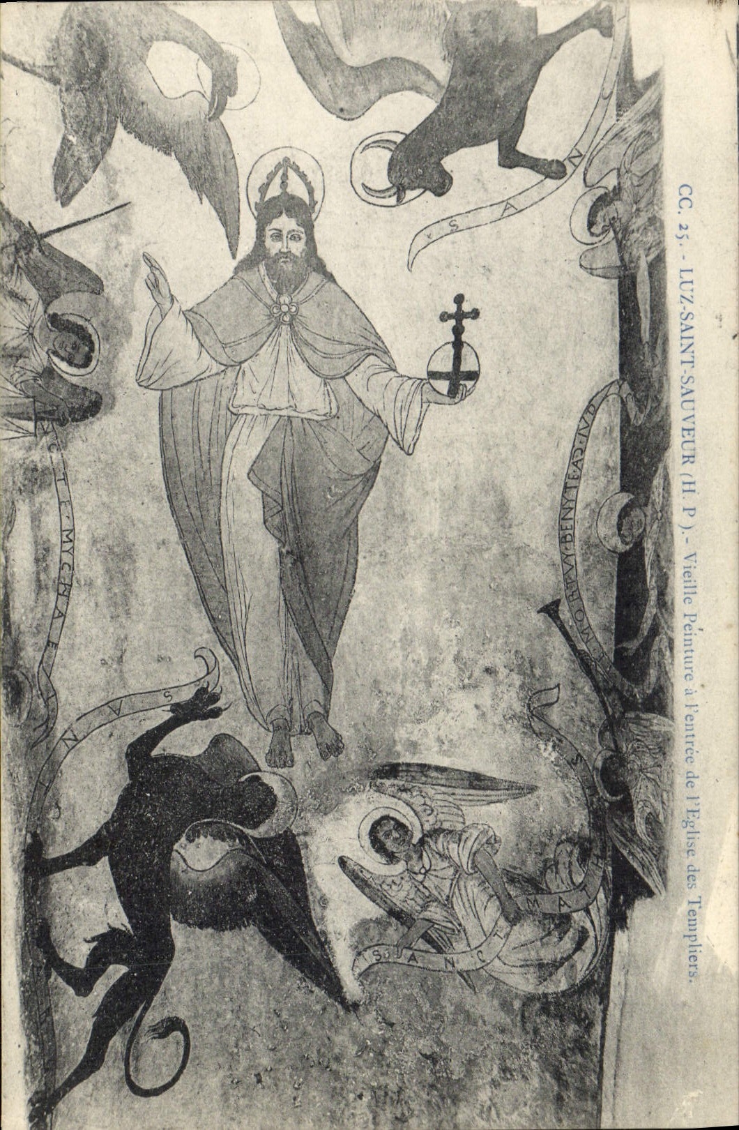 VINTAGE POSTCARD Holy Luz Saver Old woman painting at the entry of the church of the templiers