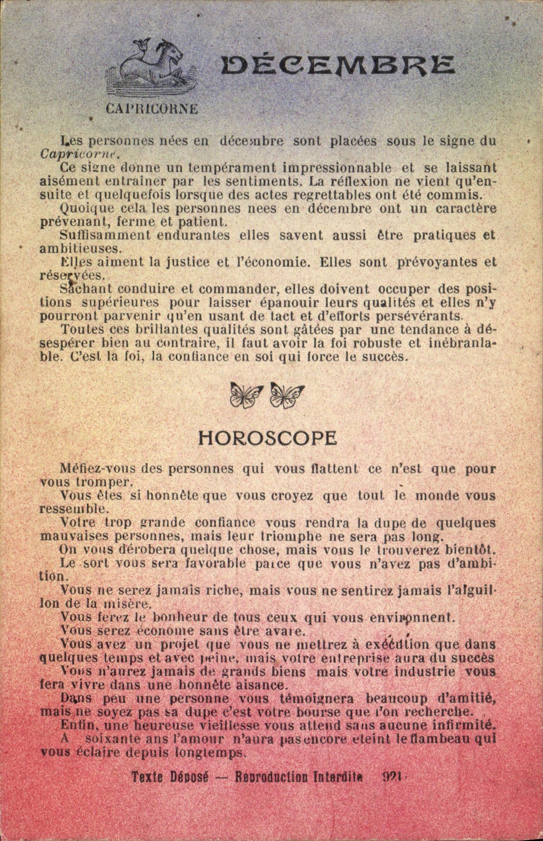 Capricornio de la mariposa de diciembre del horóscopo de la POSTAL de la VENDIMIA