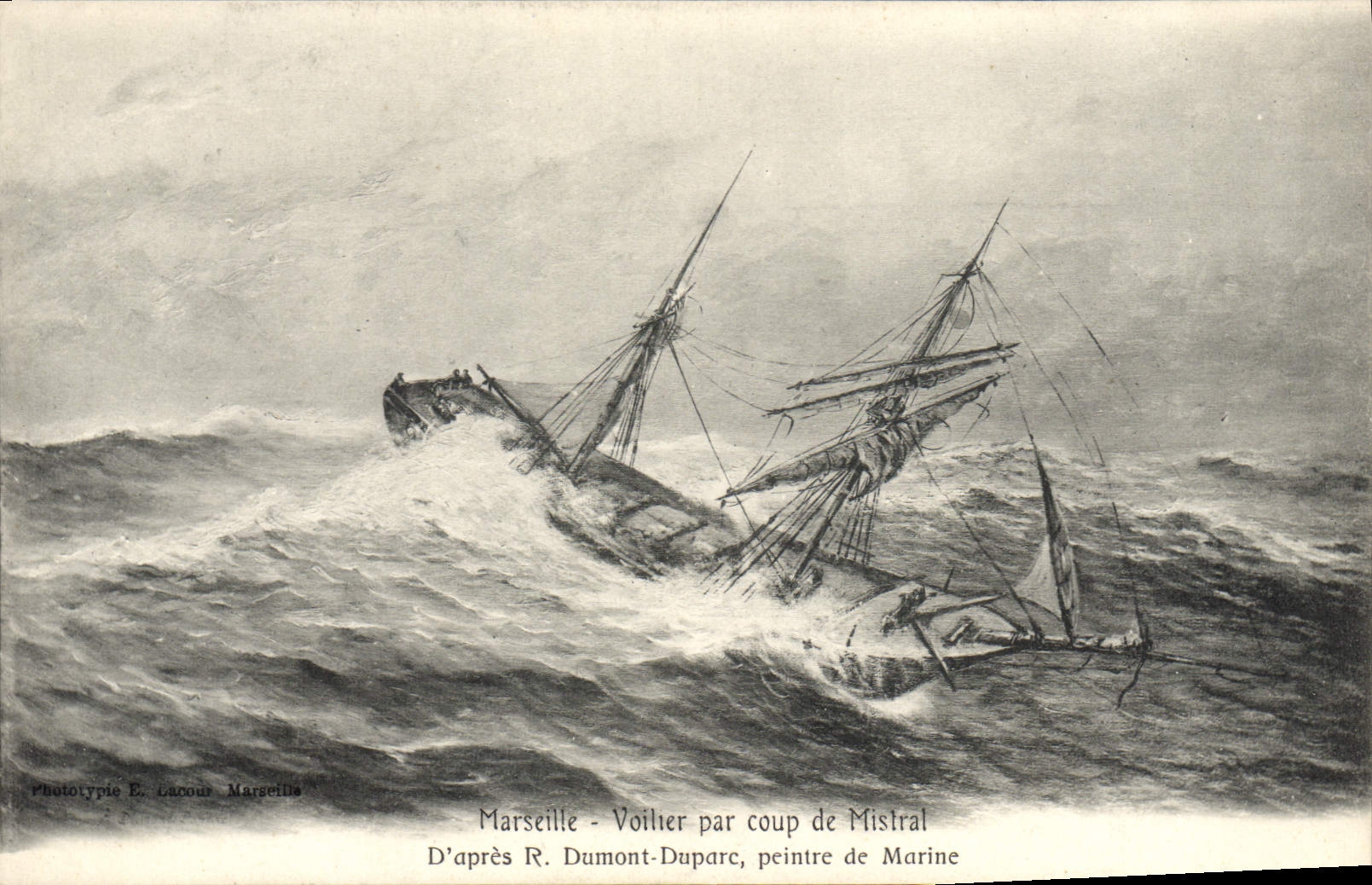 VINTAGE POSTCARD Sailing Boat by blow of Marseilles mistral