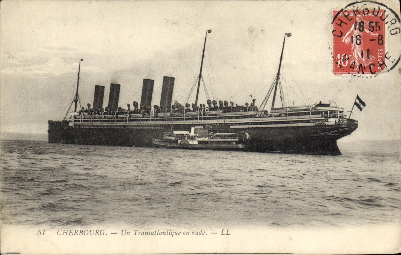 VINTAGE POSTCARD Boat Cherbourg Steamer a deck chair in roads