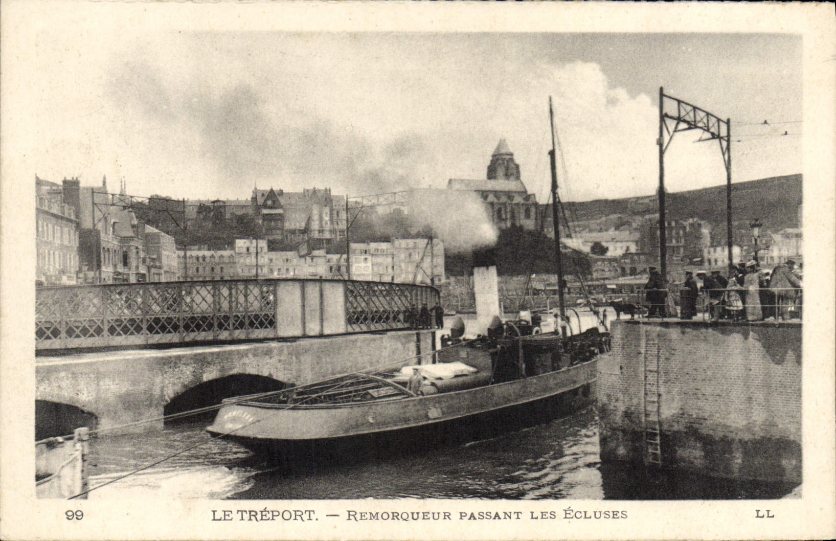 VINTAGE POSTCARD Boat Treport Tug boat passing the locks