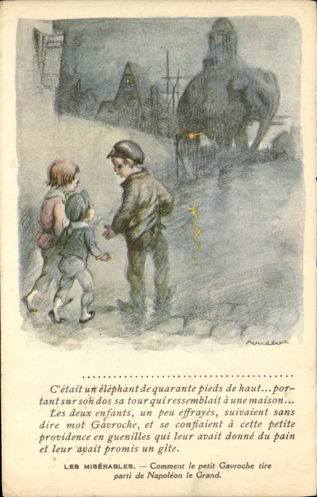 CPA Illustrateur Poulbot Elephant Les Miserables Victor Hugo Gavroche