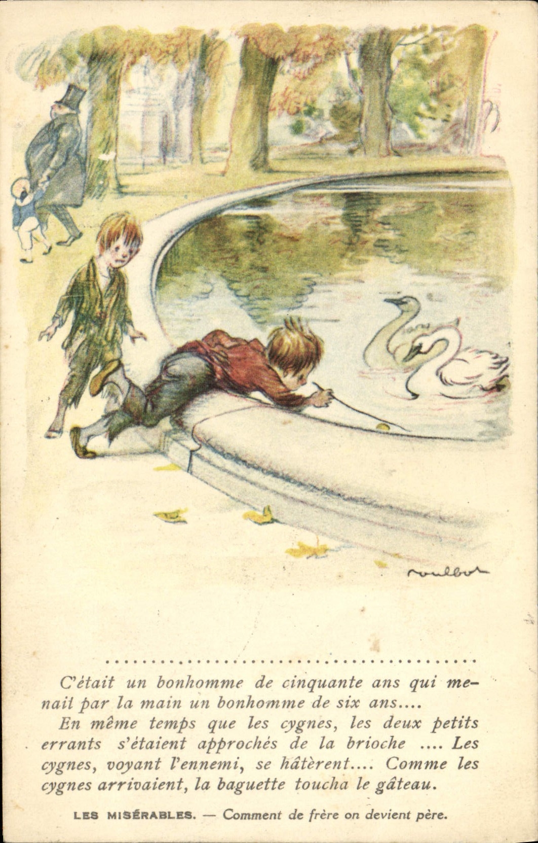 CPA Illustrateur Poulbot Cygne Les miserables Victor Hugo Comment de frere on devient pere 