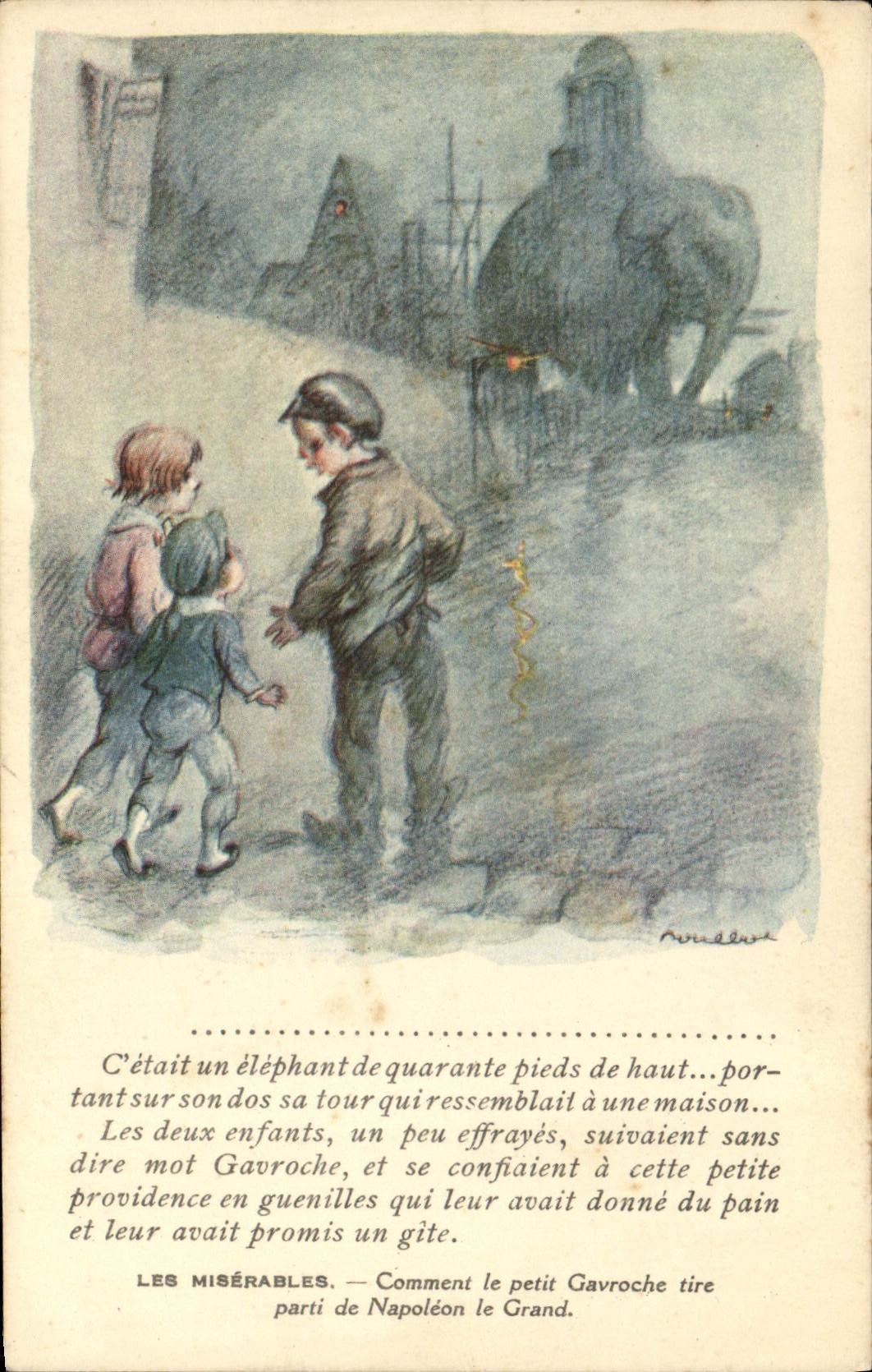 Ilustrador de Poulbot de la POSTAL de la VENDIMIA el elefante pobre de Victor Hugo Gavroche de los wretches
