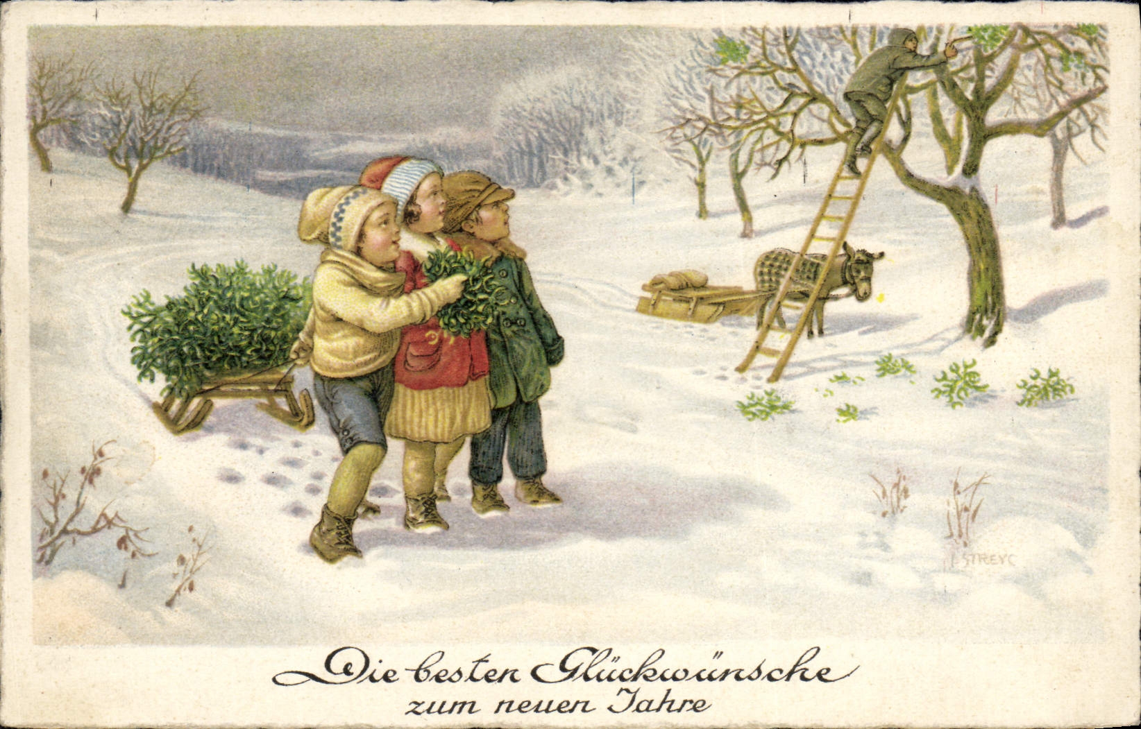 CPA Fantaisie Illustrateur Enfants dans la neige Ane Mule 