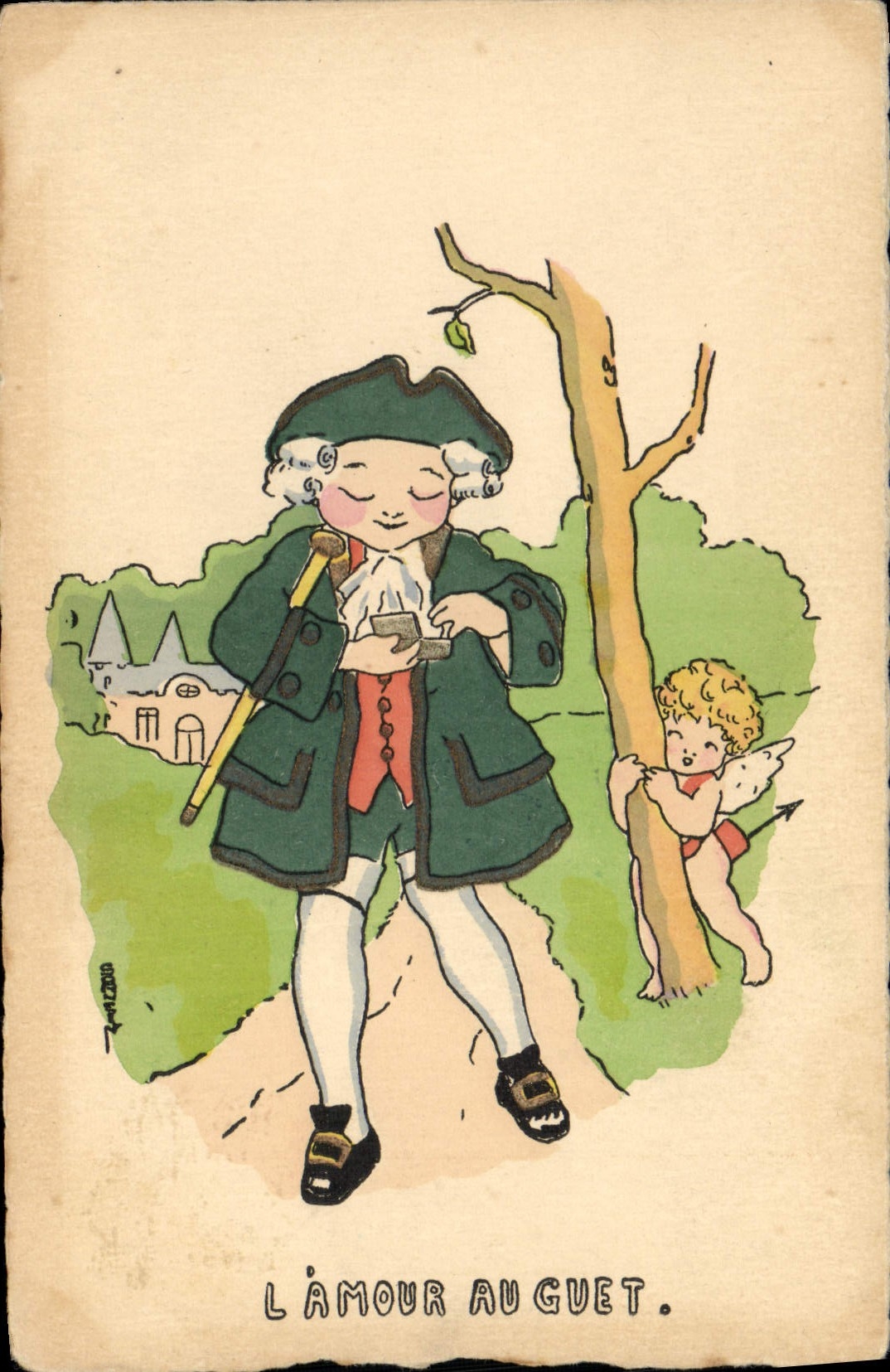 CPA Fantaisie Illustrateur Enfant Ange l'amour au guet 