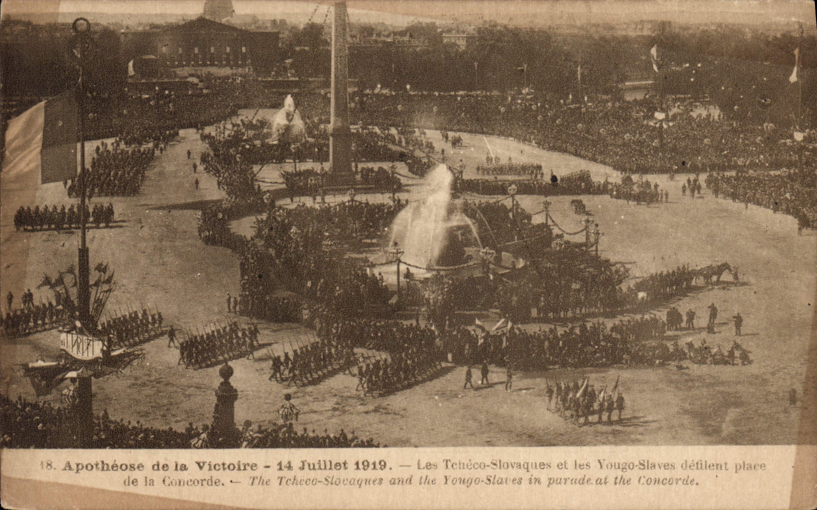 La apoteosis de Militaria de la POSTAL de la VENDIMIA victoria del 14 de julio de 1919 Tcheco eslovaco y Slavic de Yougo coloca Concorde París