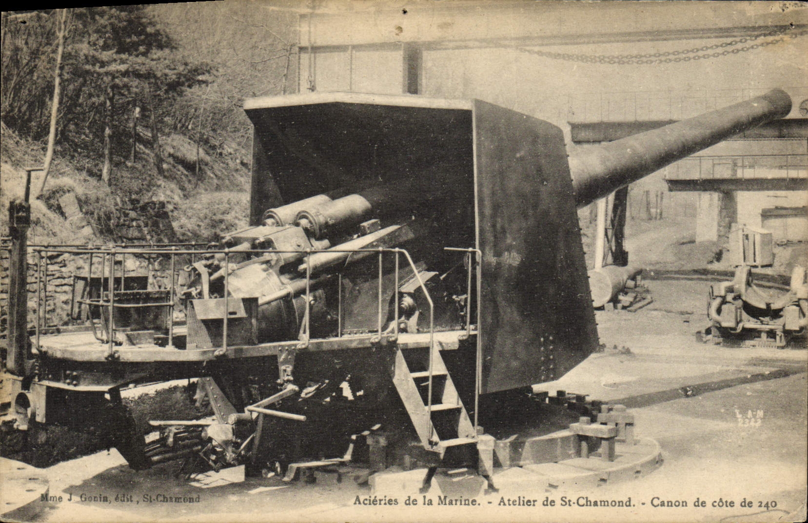 Acería de Militaria de la POSTAL de la VENDIMIA del taller de la marina de St Chamond Canon de la dimensión de 240