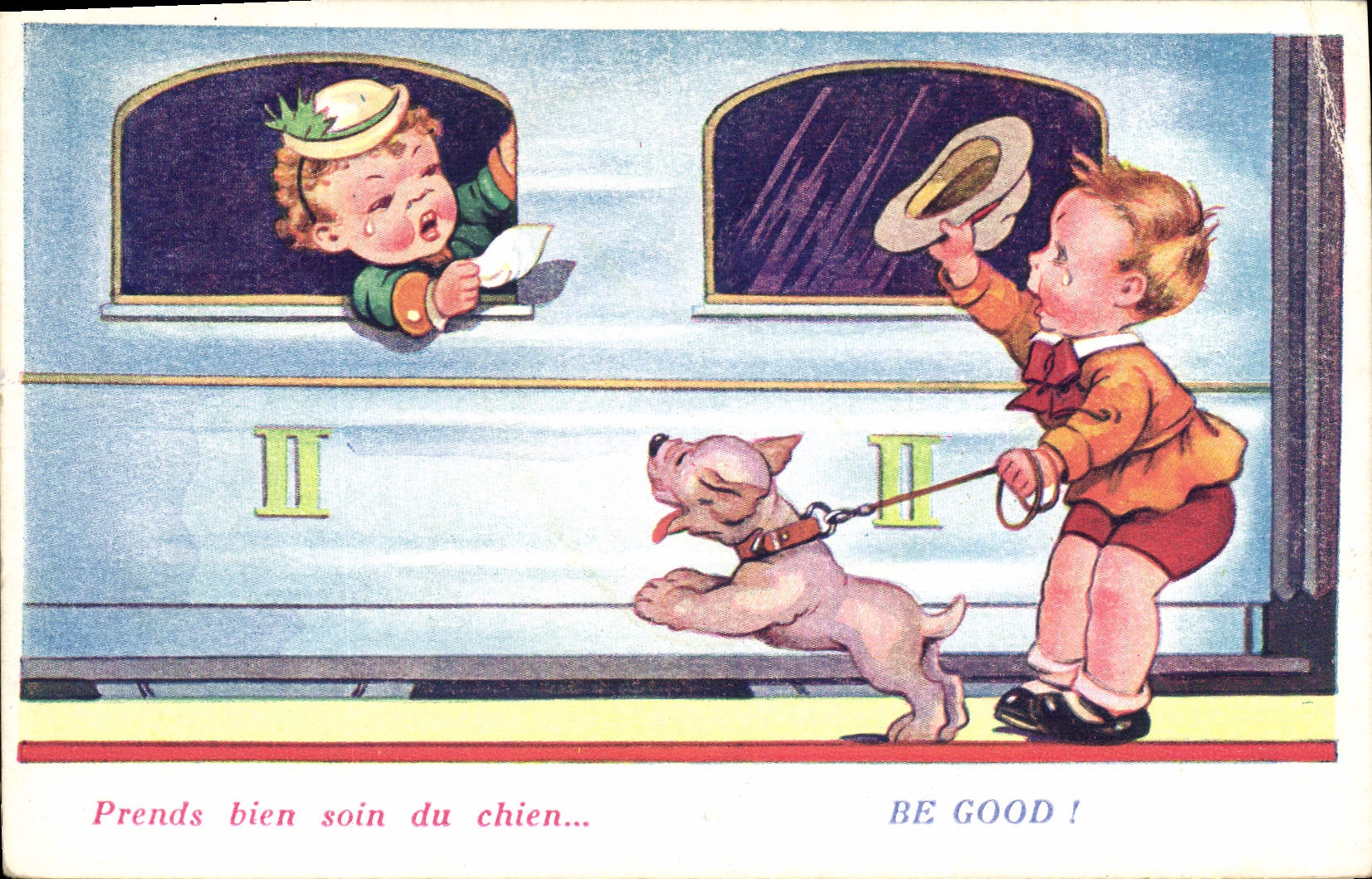 CPA Fantaisie Illustrateur Enfants Chien Train