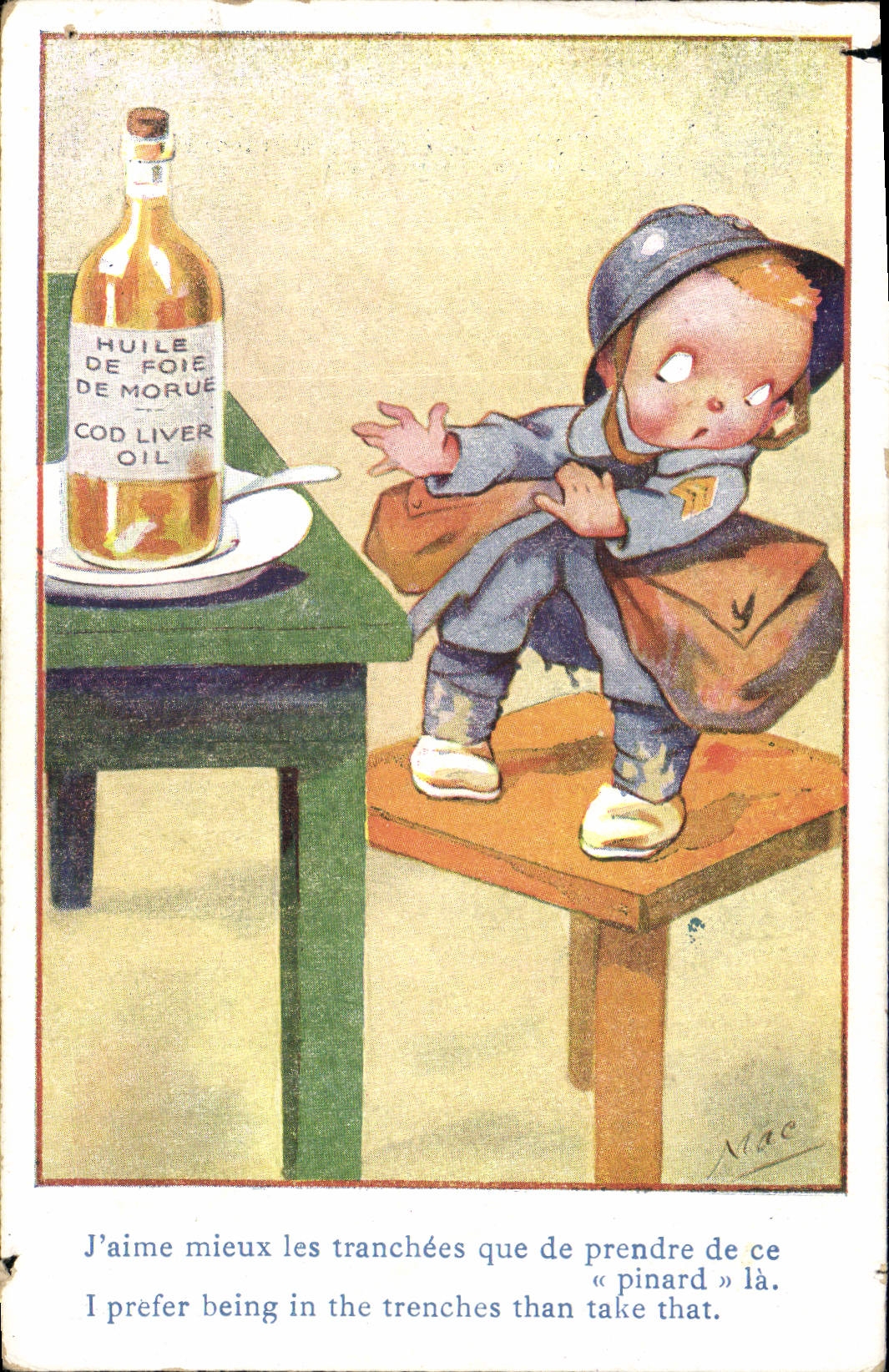 CPA Fantaisie Illustrateur Soldat Militaria Huile de foie de morue 