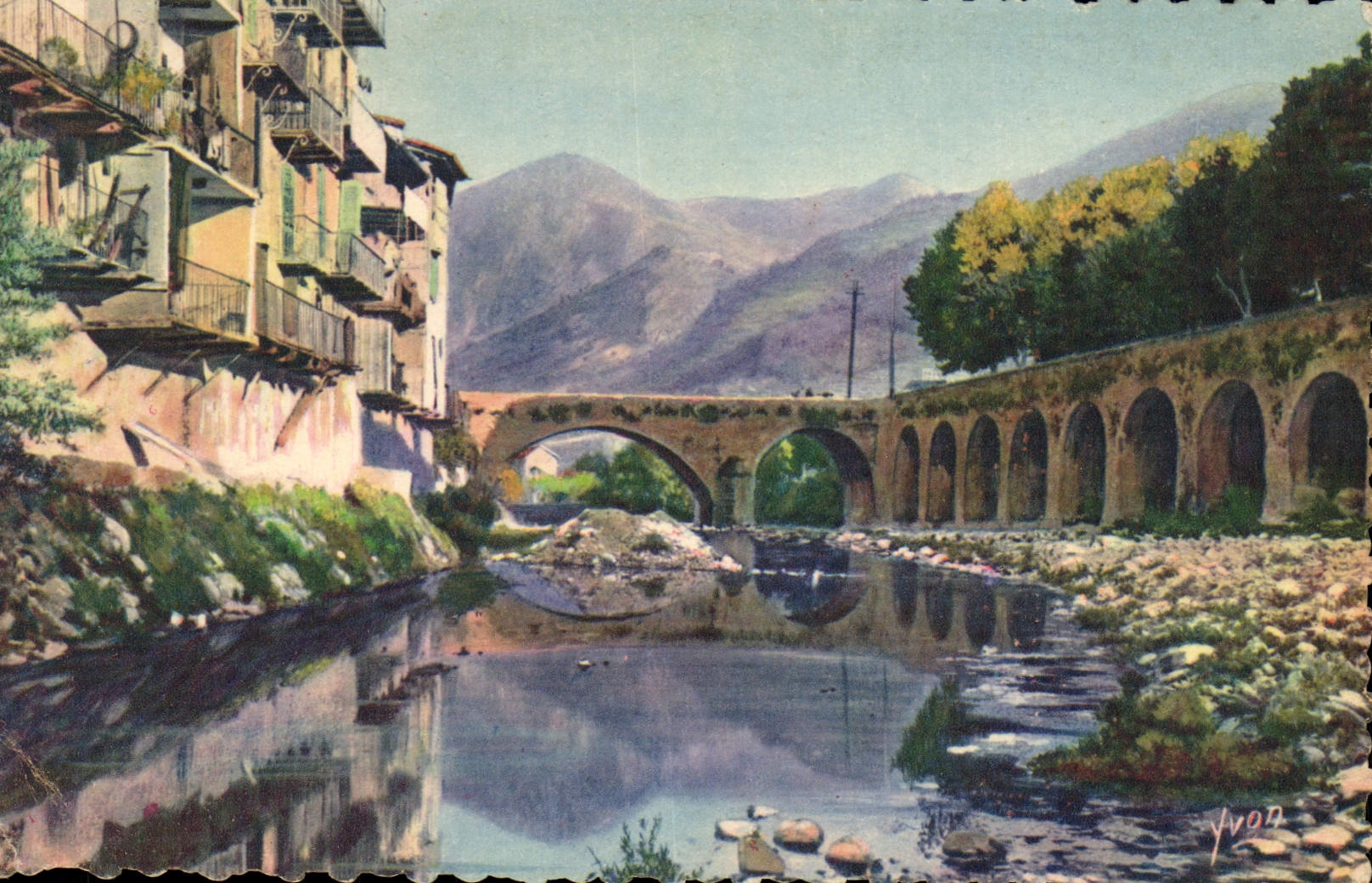 VINTAGE POSTCARD Sospel Old Bridge Old women Houses