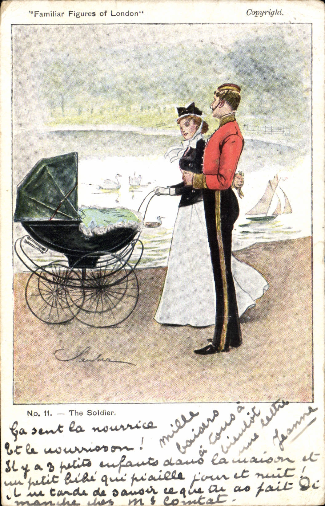 VINTAGE POSTCARD Fantasy Illustrator Familiar figures off London The soldier Militaria