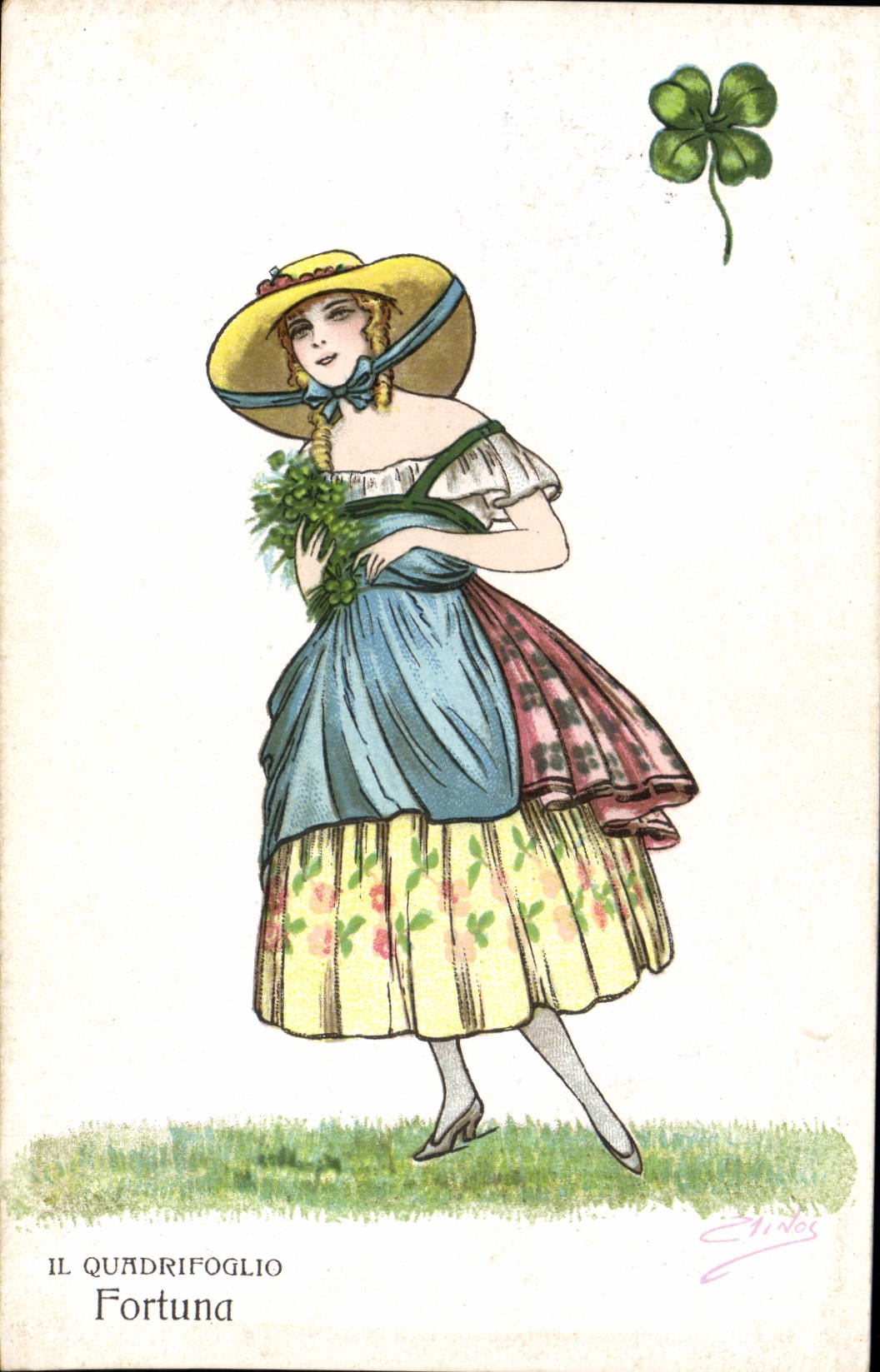 CPA Fantaisie Illustrateur Femme Il quadrifoglio Fortuna Trefle 