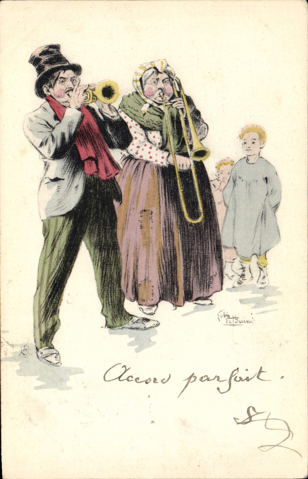 VINTAGE POSTCARD Fantaisie Illustrator Couples Coppers Trumpet Slide trombone