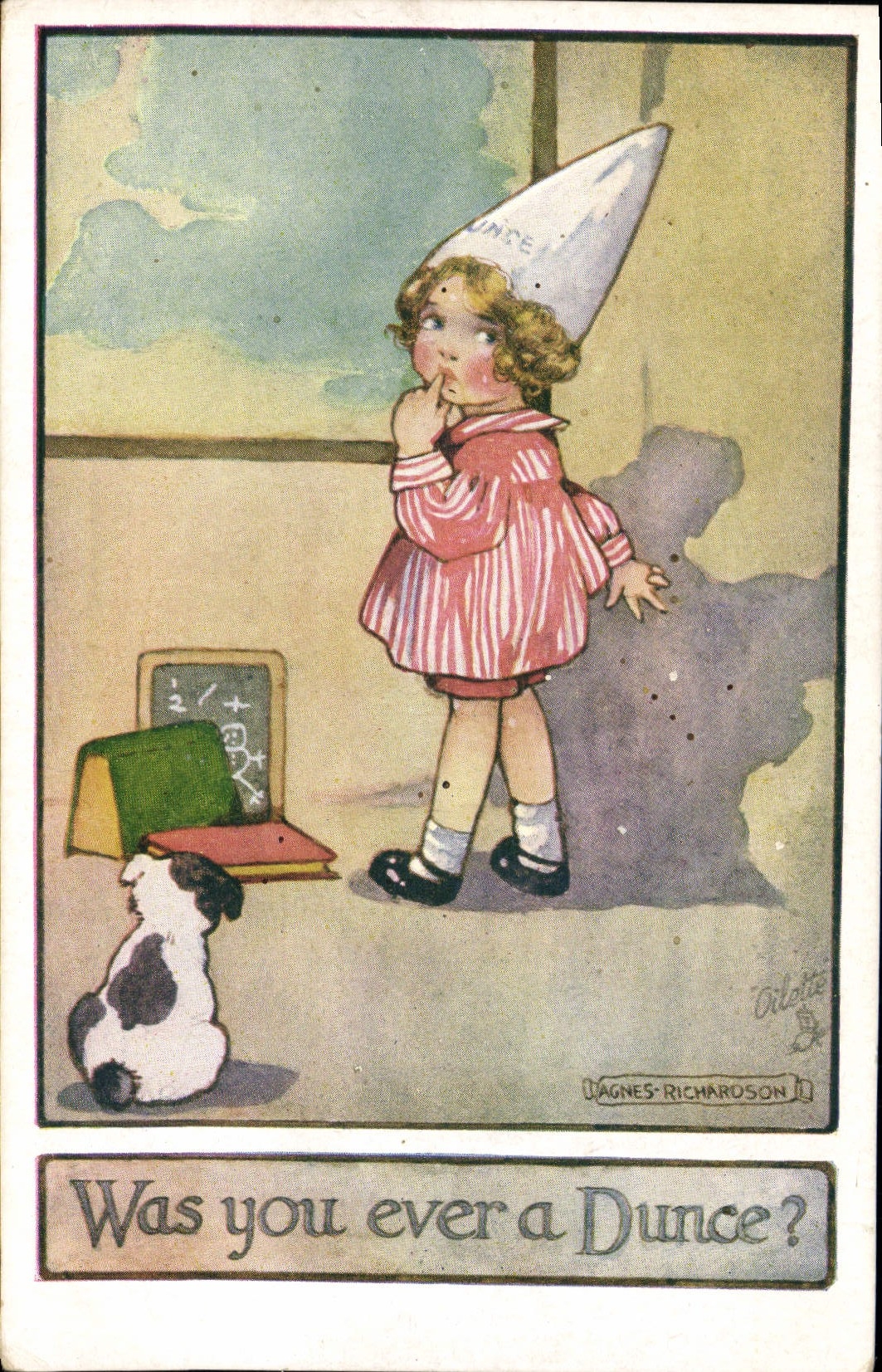 CPA Fantaisie Illustrateur Enfant Bonnet d'ane Chien Agnes Richardson