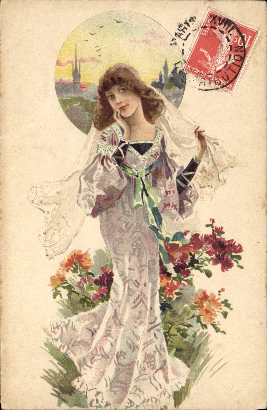 CPA Fantaisie Illustrateur Femme Fleurs 