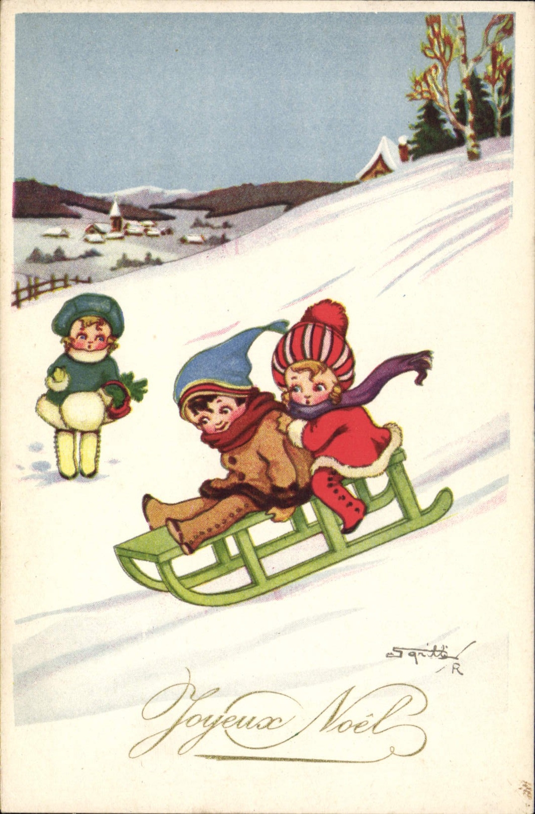 CPA Fantaisie Illustrateur Enfants Luge