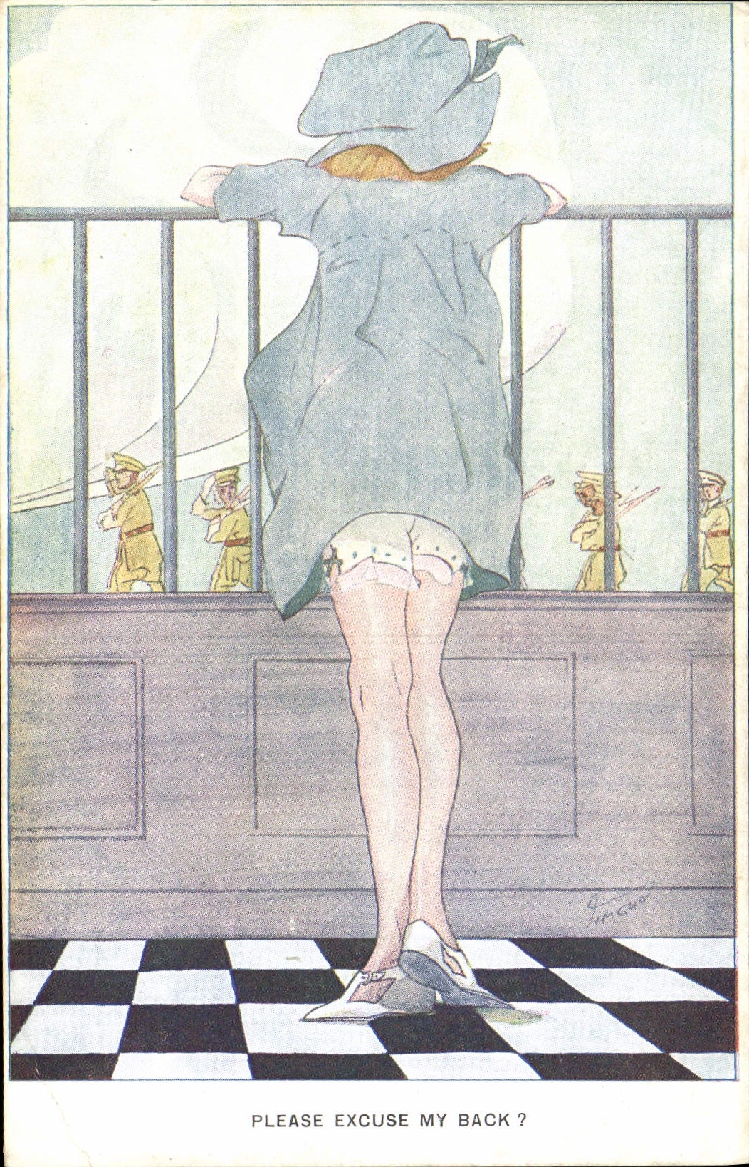 VINTAGE POSTCARD Fantasy Illustrator Woman please excuse my back