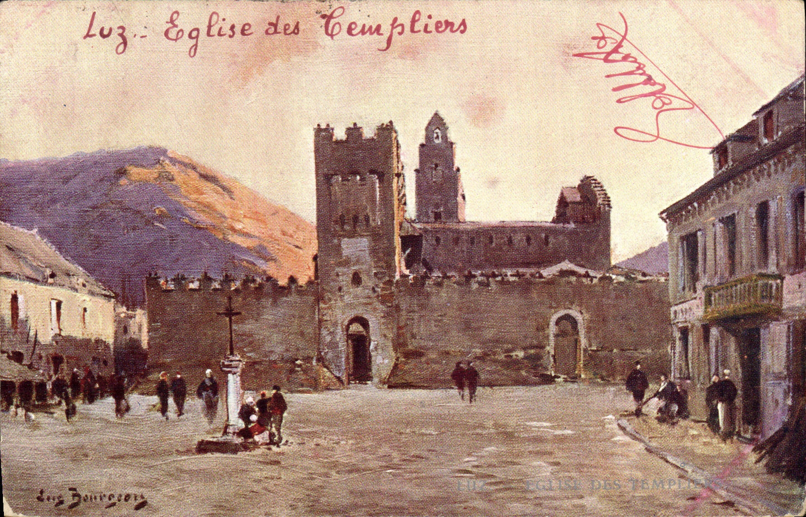 VINTAGE POSTCARD Luz Church of the templiers Illustrator