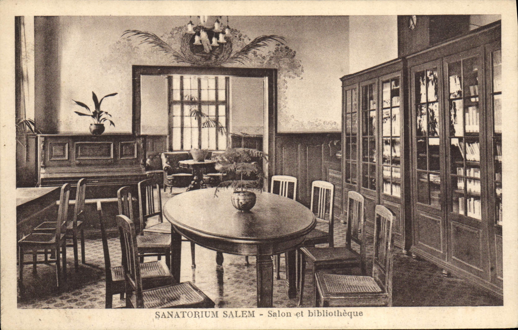 VINTAGE POSTCARD Sanatorium Salem Living room and Bibliotheque Piano