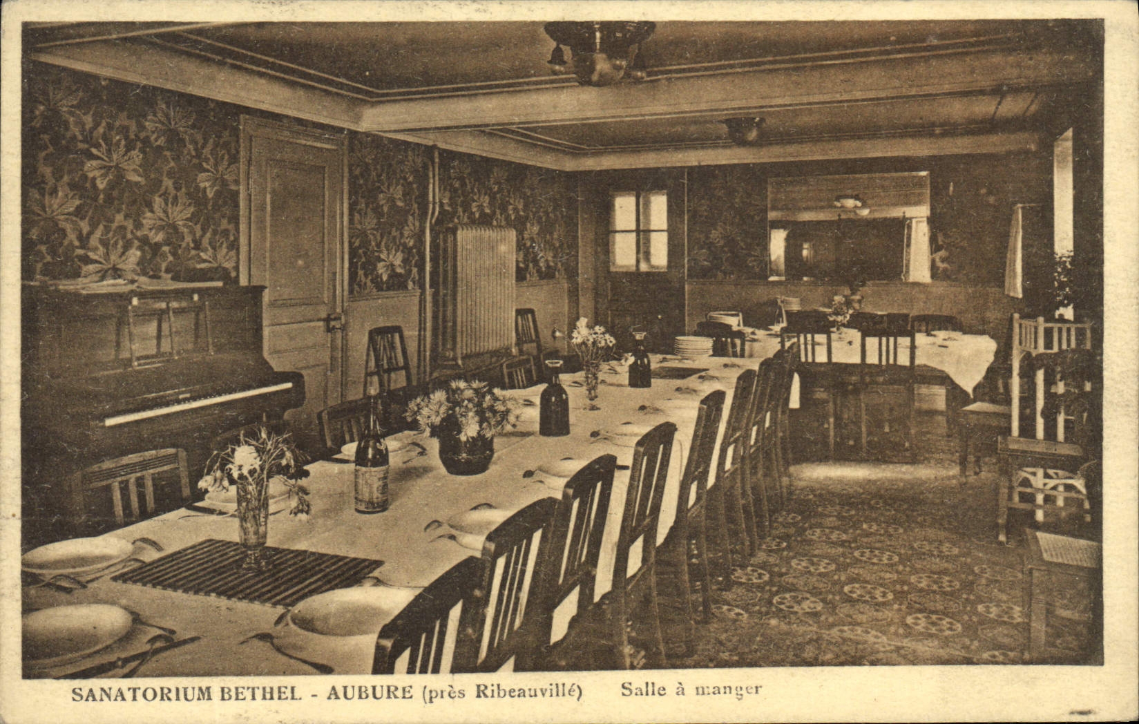 VINTAGE POSTCARD Sanatorium Bethel Aubure Dining room Piano