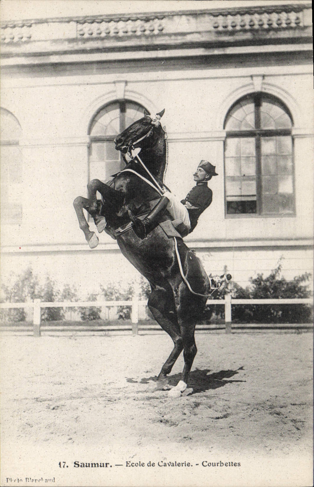 Escuela de Hippisme Saumur de la equitación del caballo de la POSTAL de la VENDIMIA de la caballería de Courbettes