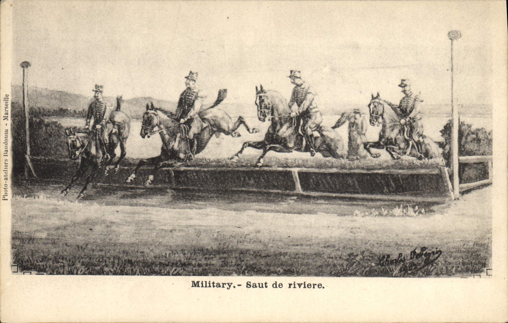 Salto militar de Hippisme de la equitación del caballo de la POSTAL de la VENDIMIA del río