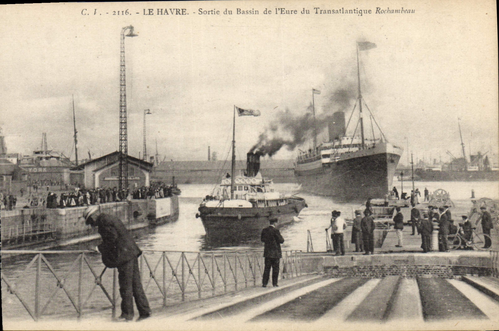 VINTAGE POSTCARD Boat Le Havre Left the basin of the Eure of the Rochambeau Deck chair