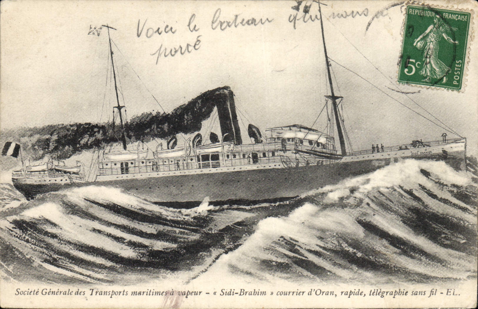 Correo de Sidi Brahim del transporte marítimo del barco de la POSTAL de la VENDIMIA de la telegrafía sin hilos de Orán